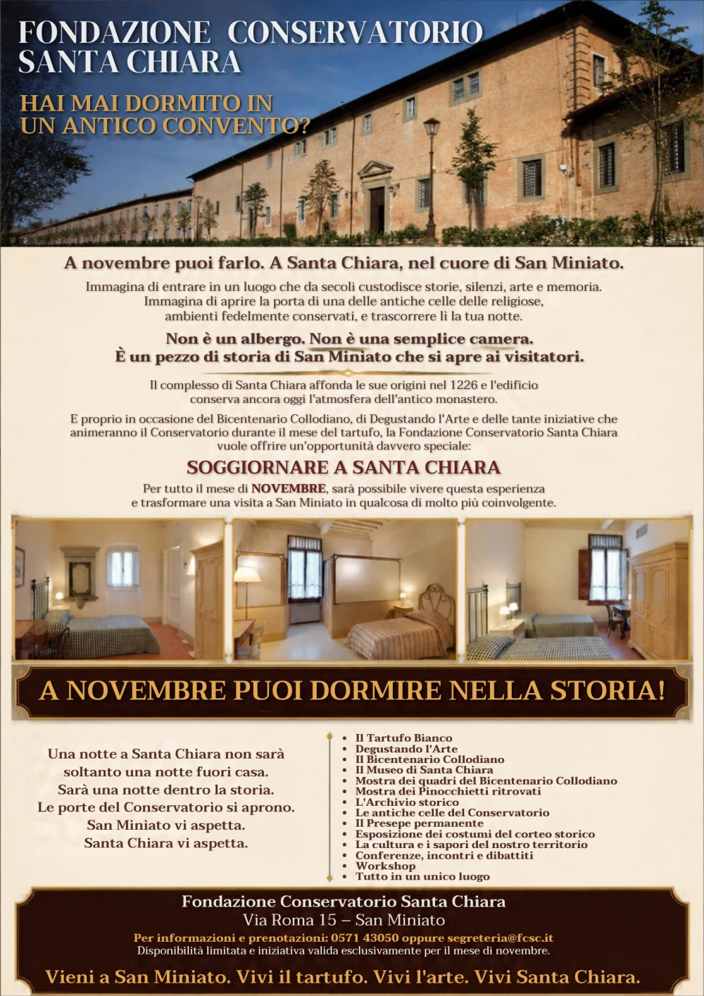 Locandina iniziativa "Dormire nella Storia" al Conservatorio Santa Chiara