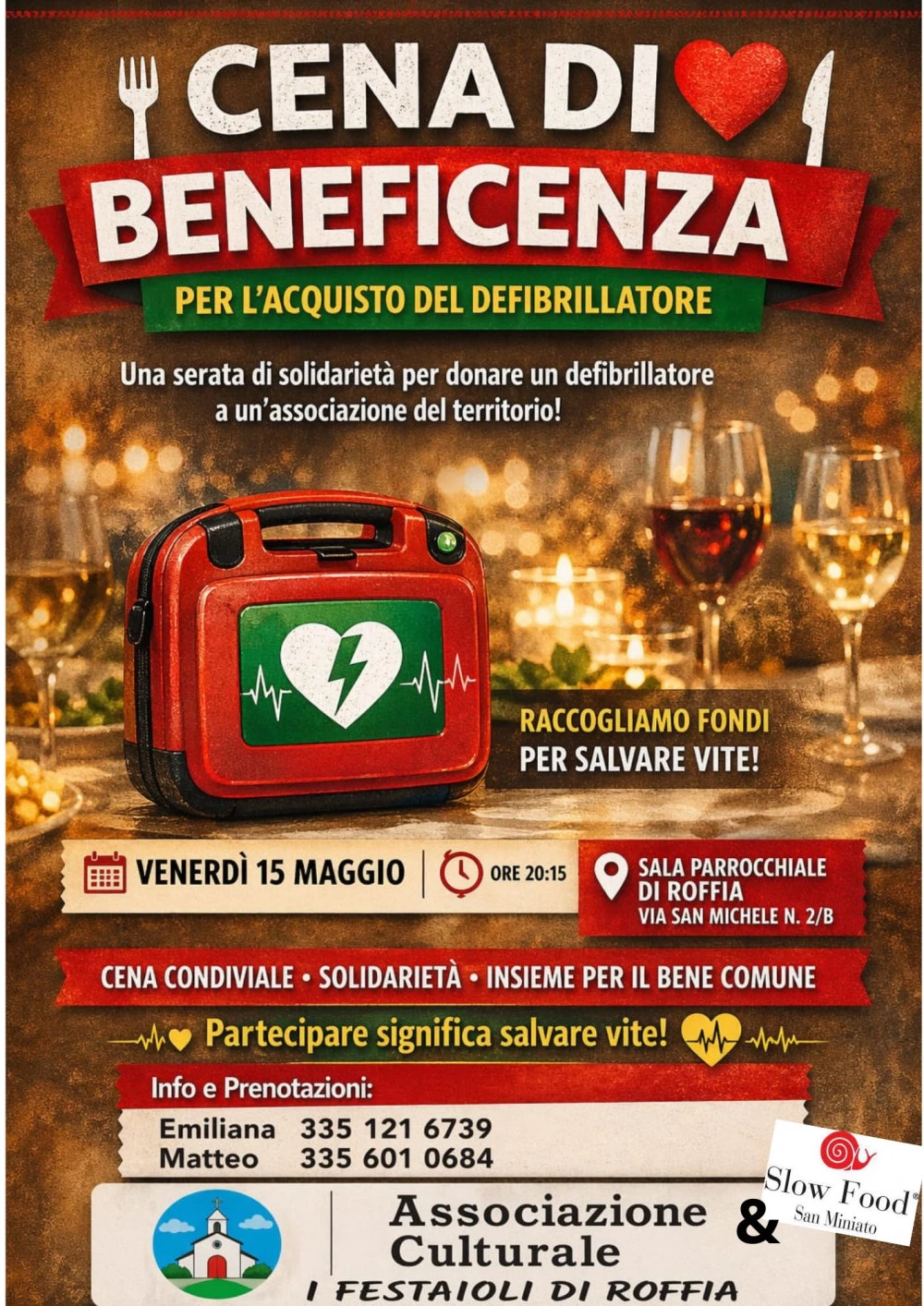 Locandina cena di beneficienza del 15 maggio