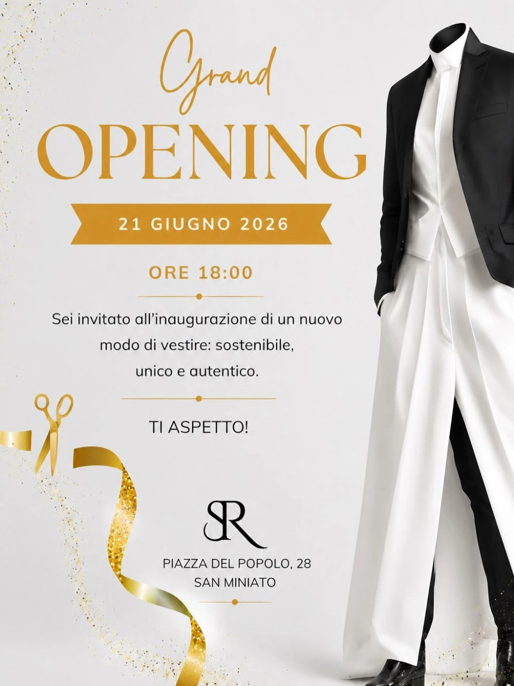 Locandina grande inaugurazione dello shop ESSERRE in Piazza del Popolo, 28 a San Miniato