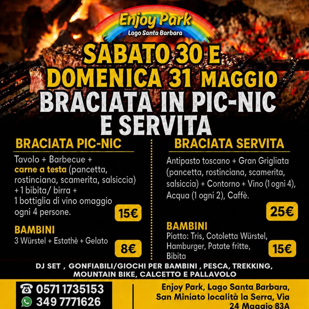 Locandina dedicata alla braciata all'Enjoy Park il 30 e 31 maggio 2026