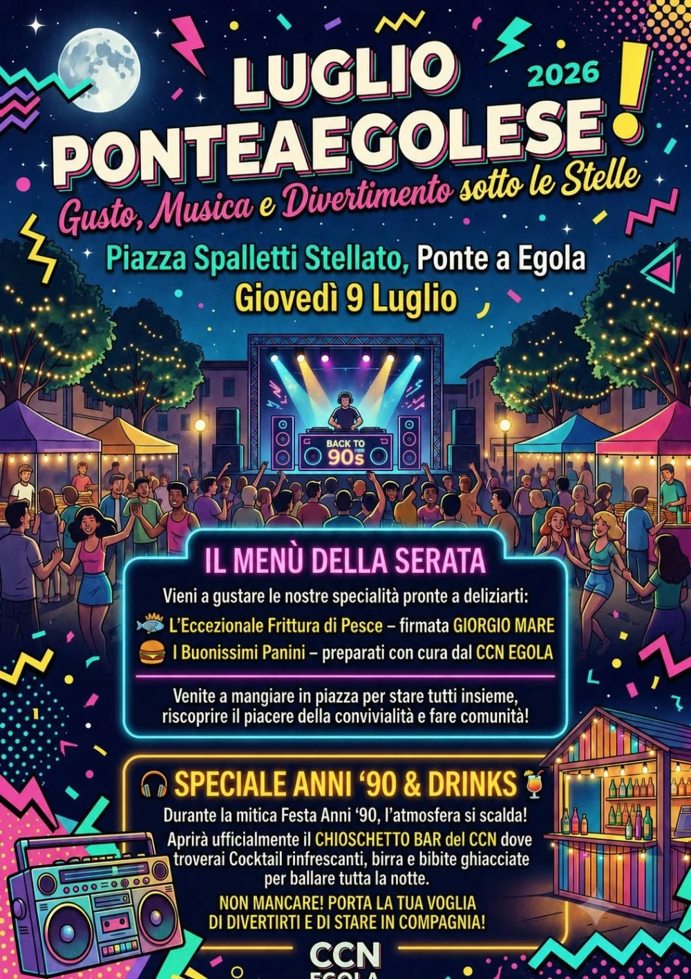 Locandina serata anni 90 luglio ponteaegolese