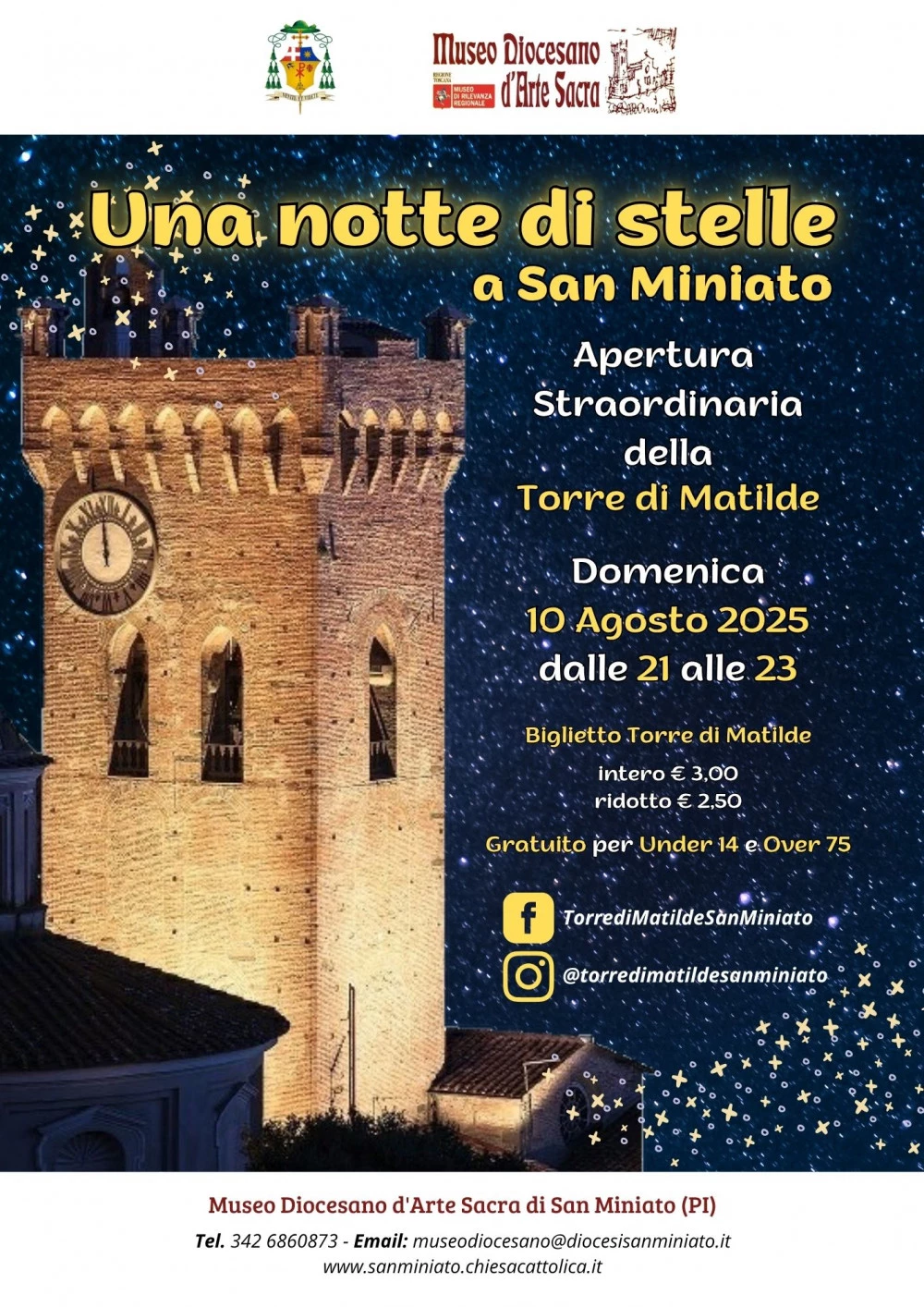 Locandina apertura straordinaria della Torre Matilde a San Miniato di notte