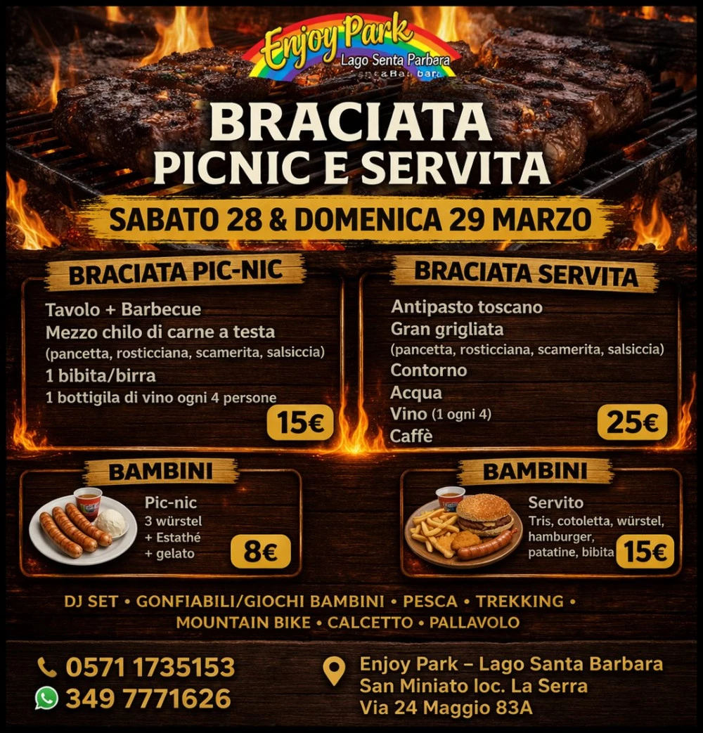 Locandina braciata e picnic all'enjoy park - lago santa barbara