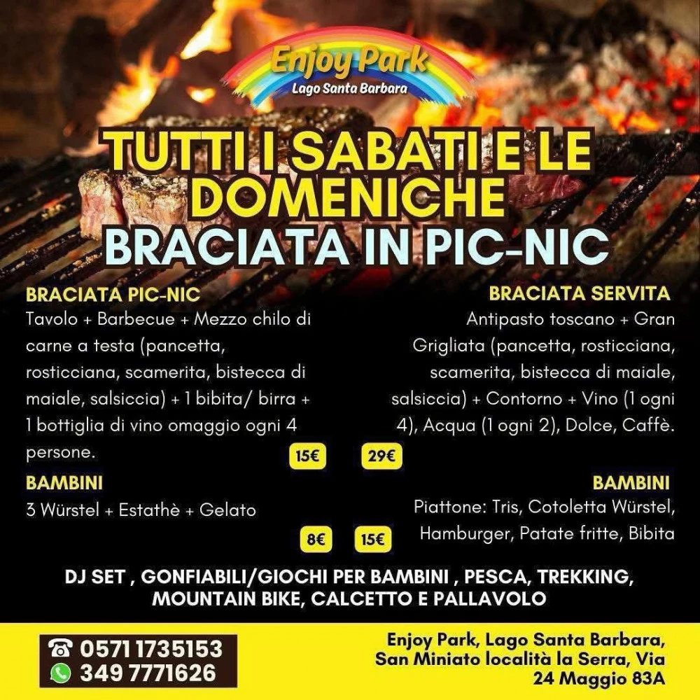 locandina della braciata organizzata dall'enjoy park al lago santa barbara