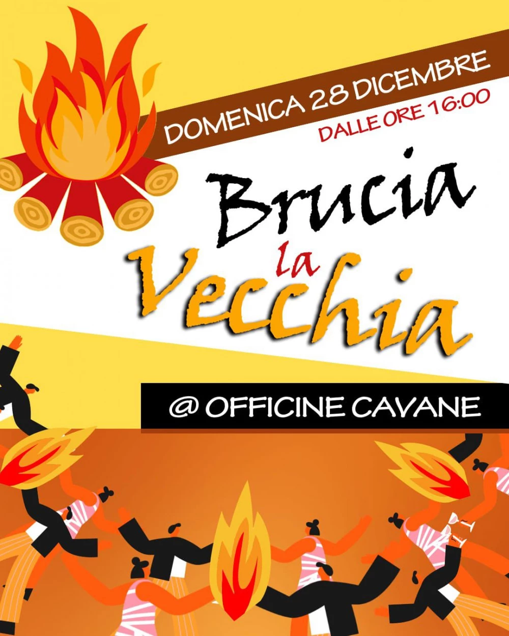 Locandina dell'evento celebrativo di Tra i Binari, dal titolo "Brucia La Vecchia"