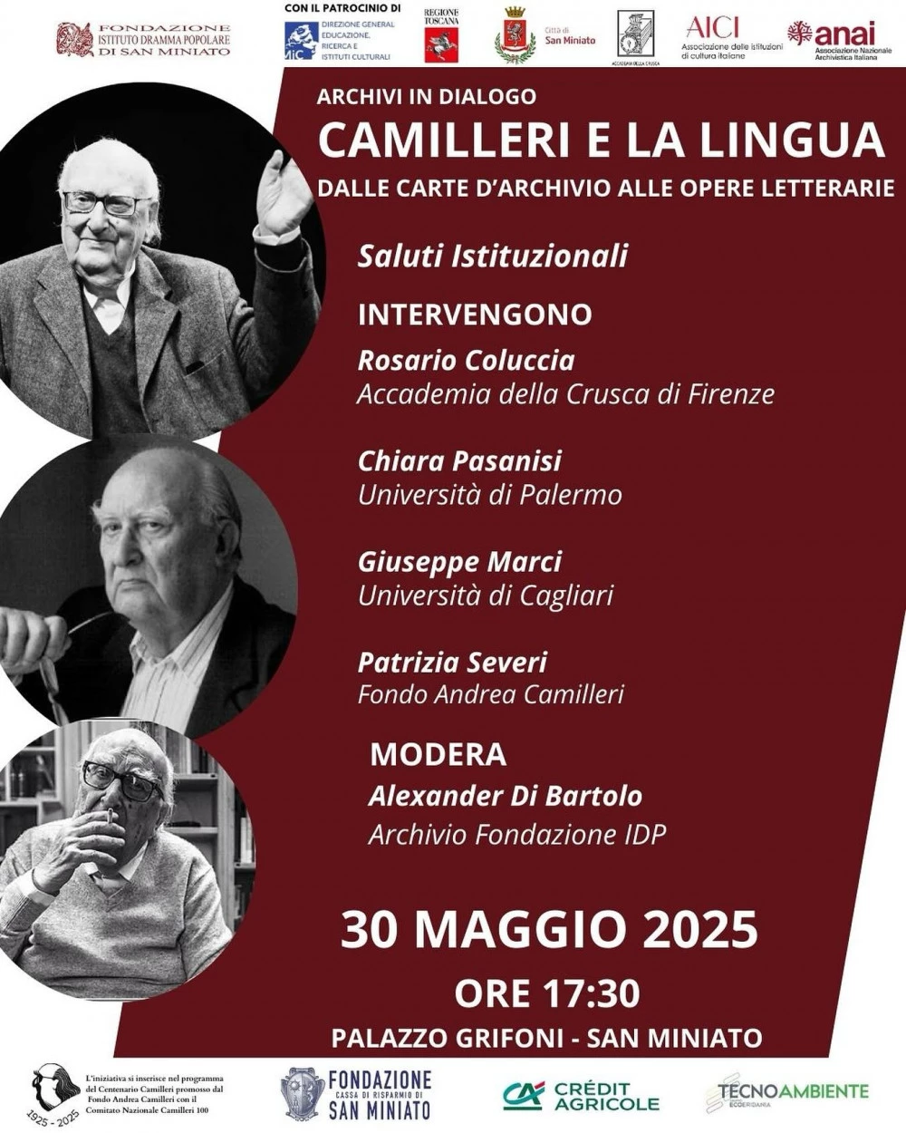 Locandina dell'evento in memoria dello scrittore Andrea Camilleri a San Miniato, Palazzo Grifoni