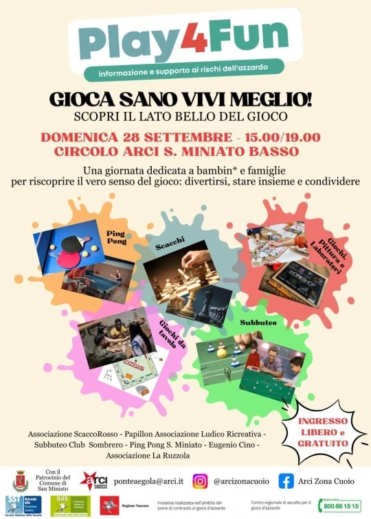 Locandina dell'evento "Play4Fun" che si tiene al Circolo Arci a San Miniato Basso