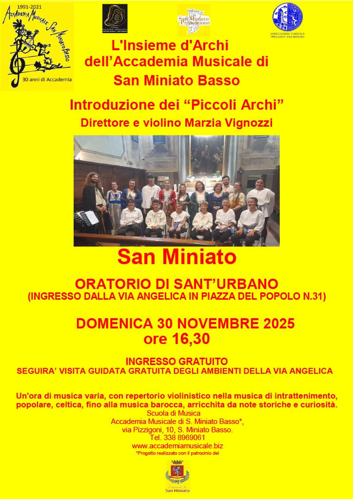Locandina del concerto condotto dall'insieme d'archi dell'accademia musicale di San Miniato Basso