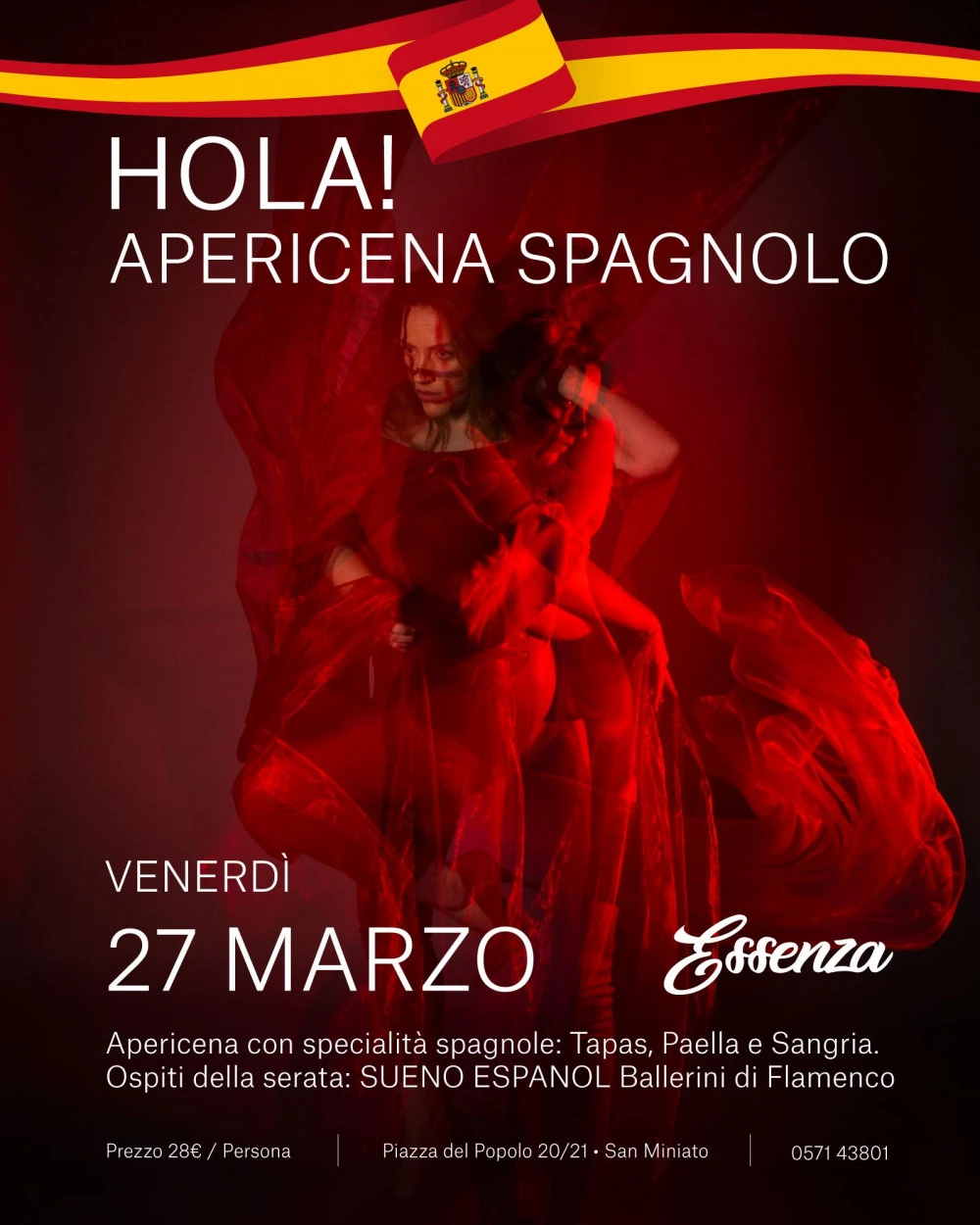 locandina serata spagnola "Hola" da Essenza San Miniato