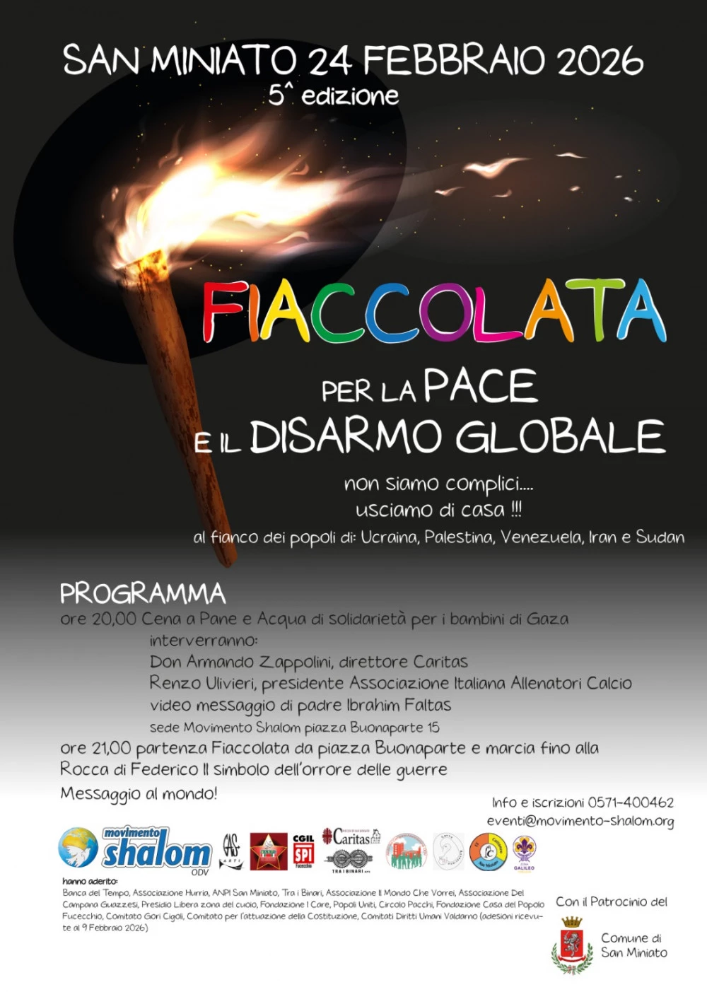 Locandina dell'evento dedicato alla fiaccolata per la pace e il disarmo globale.