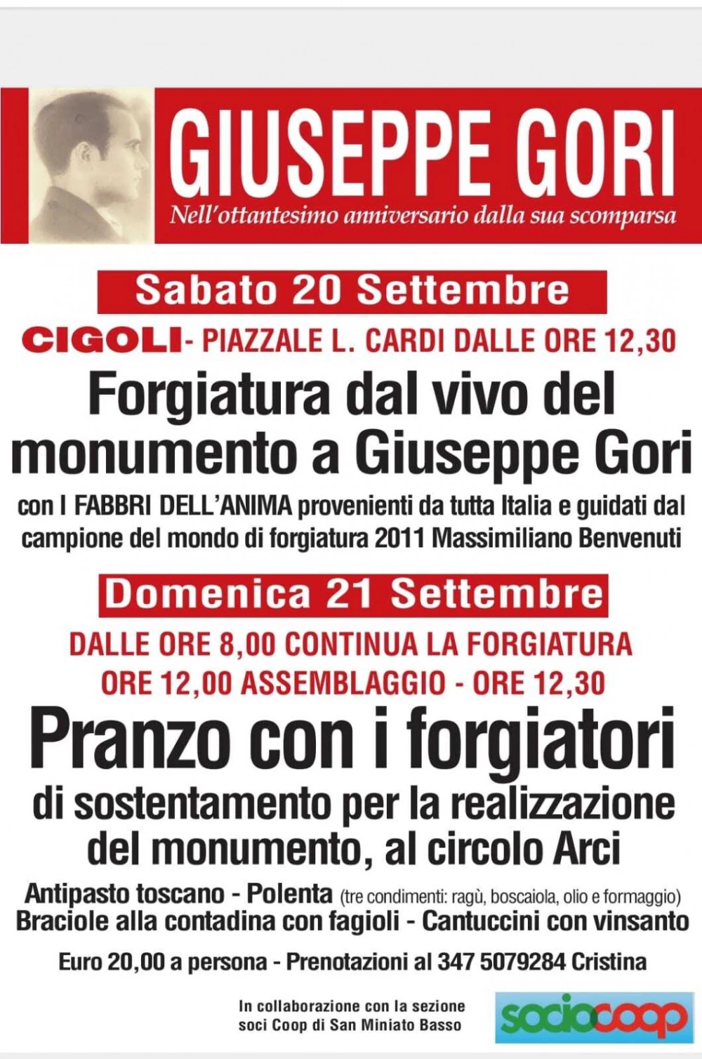 Locandina dell'evento "Forgiatura dal vivo del monumento a Giuseppe Gori".