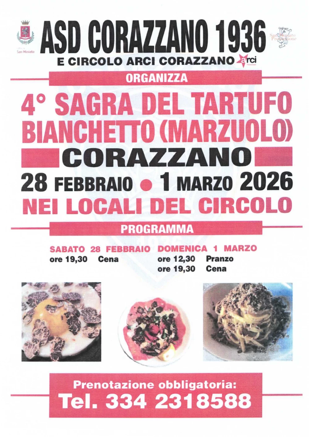 Locandina circolo arci corazzano pranzo cena a base di tartufo nel comune di san miniato
