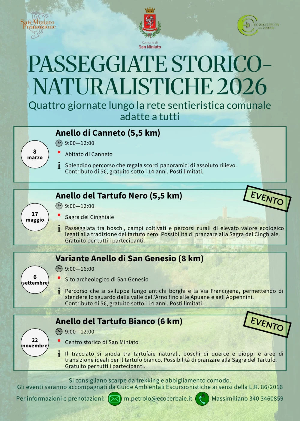 Locandina dedicata alle passeggiate storico - naturalistiche 2026 a San Miniato