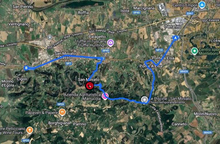 Percorso che descrive dove passeranno le auto a San Miniato per l'evento 1000 miglia