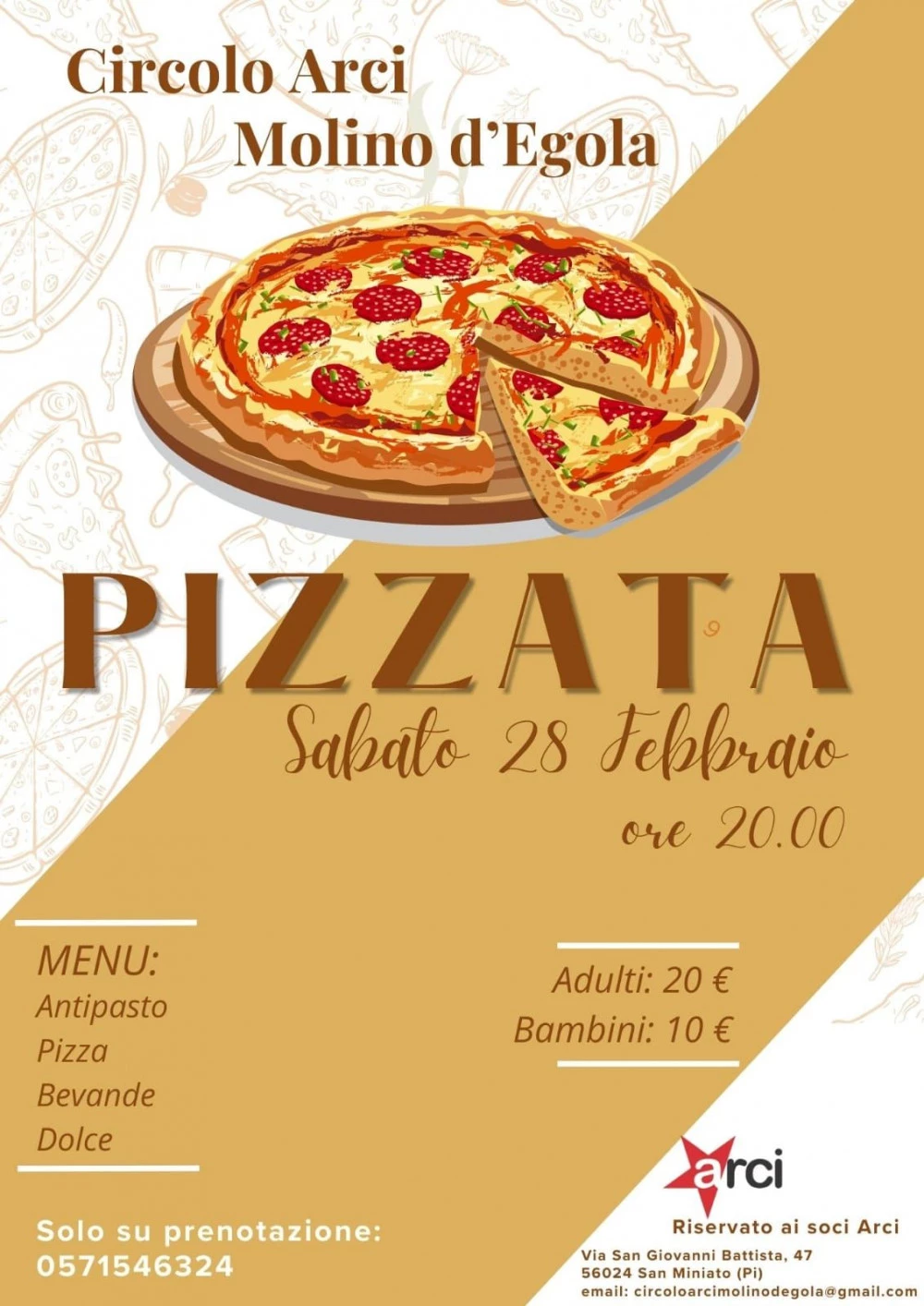 Locandina della Pizzata organizzata dal Circolo ARCI a Molino D'Egola