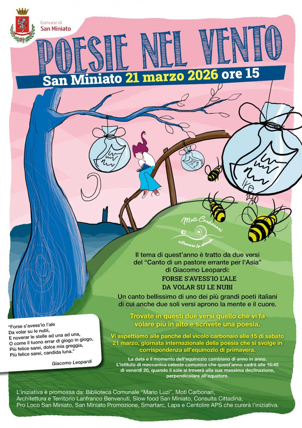 Locandina di Poesie nel Vento, promosso dai Moti Carbonari e dalla Biblioteca M. Luzi.