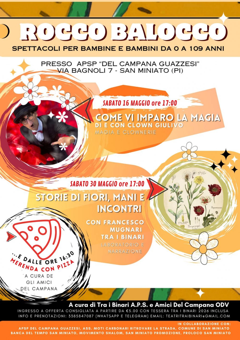 Locandina Rocco Balocco V edizione a San Miniato con spettacoli per bambini, show di magia e laboratorio creativo a maggio