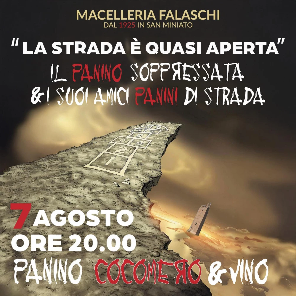 Locandina serata panino alla Macelleria Falaschi a San Miniato per la fine dei lavori