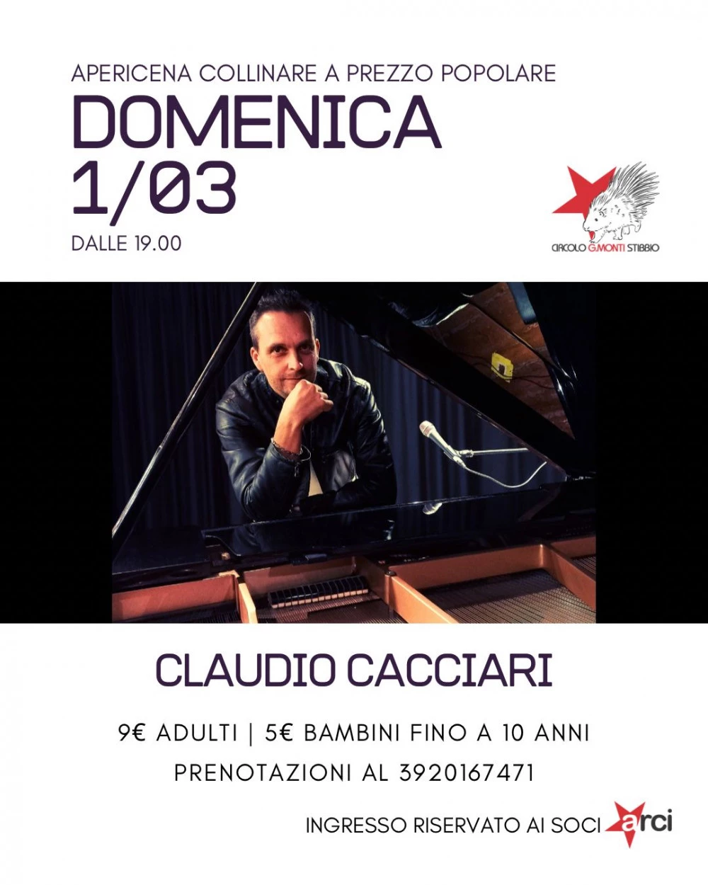 Locandina dell'evento con live music al circolo G. Monti di Stibbio con Claudio Cacciari. 