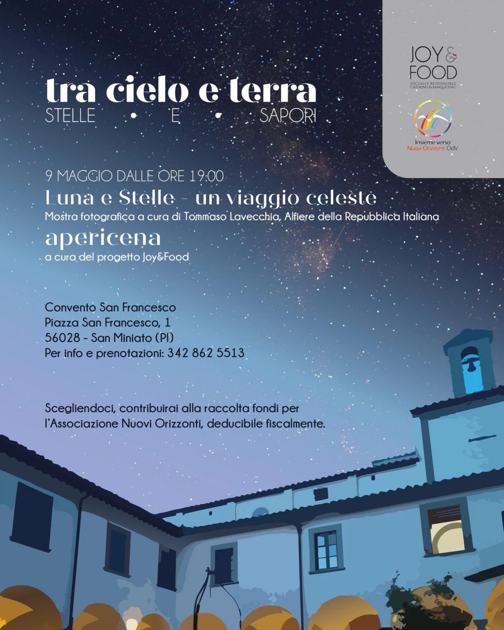Locandina evento Tra cielo e terra stelle e sapori a San Miniato con mostra fotografica Luna e Stelle e apericena solidale al Convento San Francesco il 9 maggio
