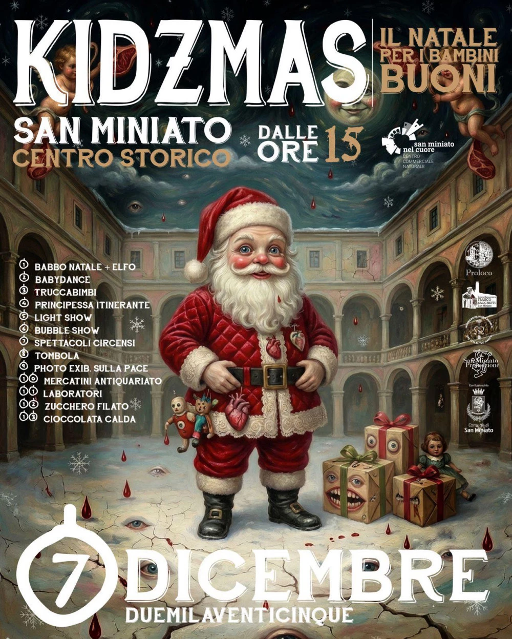 Volantino evento di Natale a San Miniato con Babbo Natale, eventi, mercatino, zucchero, festa, divertimento