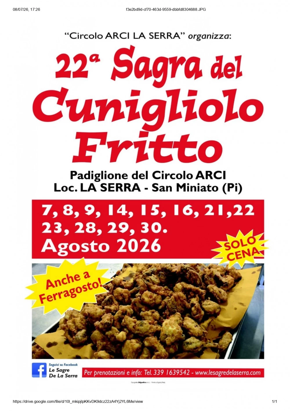 Locandina dedicata alla 22&deg; Sagra del Cunigliolo Fritto a La Serra, San Miniato